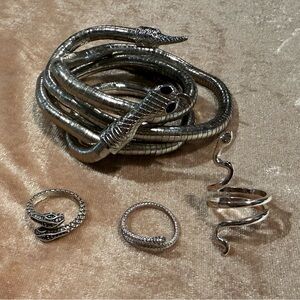 Venomous Sterling Silver Snake Set-3 Rings & Wrap Bracelet/Choker/Belt